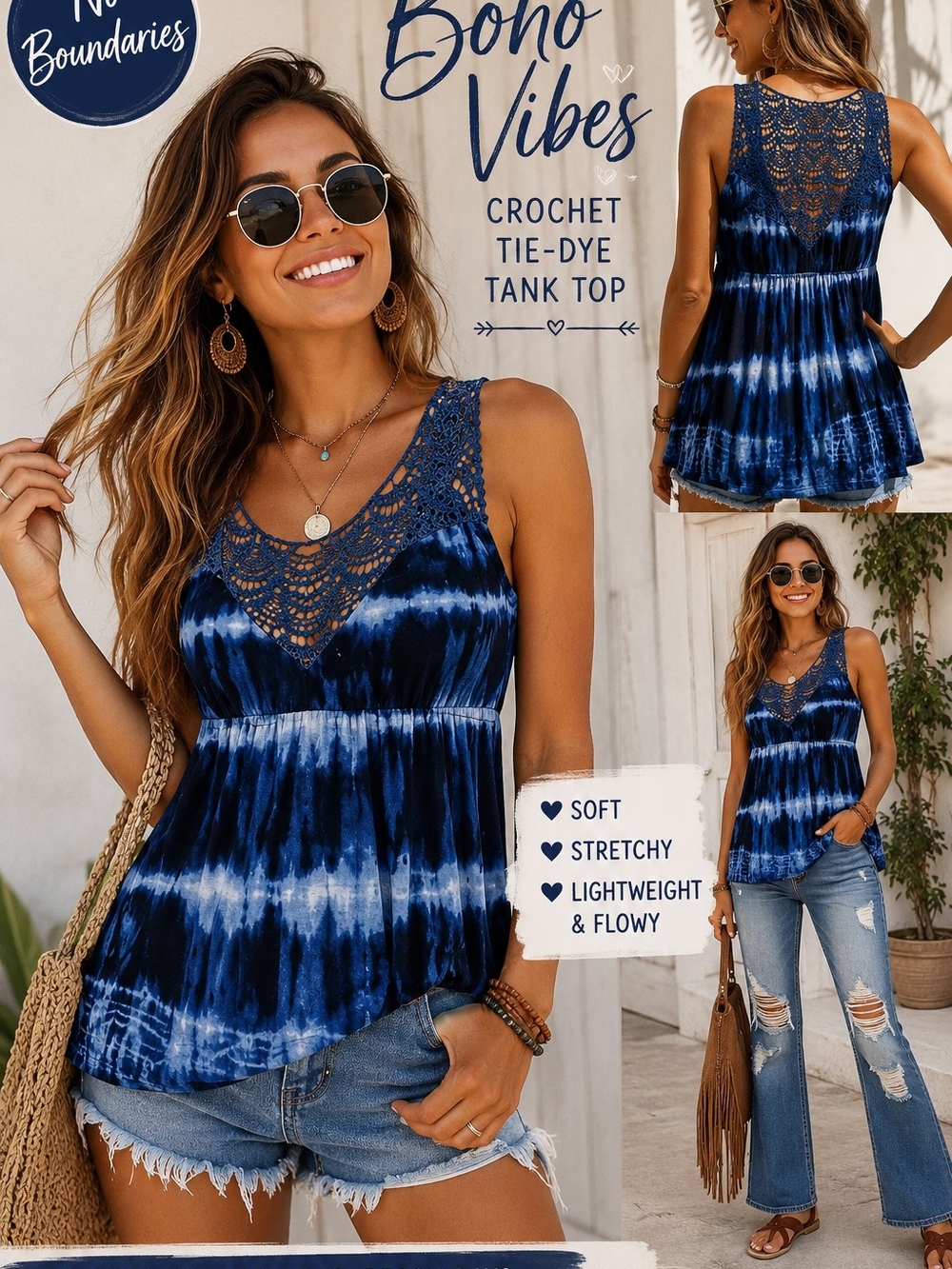 🌊💙 No Boundaries Boho Tie-Dye Crochet Tank Top 💙🌊